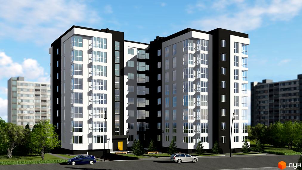 Зображення фасаду Житлового комплексу Kaiser Comfort. Багатоповерховий будинок з великими вікнами та прибудинковою територією.