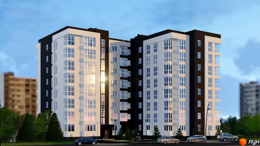 Зображення фасаду та прибудинкової території Будівельного проєкту Kaiser Comfort. Багатоповерховий будинок з великими вікнами та припаркованими авто.