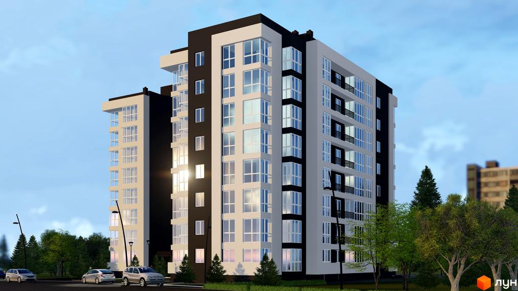 Зображення багатоповерхового будинку в Житловому комплексі Kaiser Comfort. Навколо будинку дерева, прибудинкова територія та автомобілі.