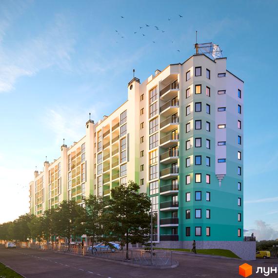 Зображення багатоповерхового будинку Житлового комплексу Над рікою з балконами та великими вікнами. На передньому плані дерева, дорога та припарковані автомобілі.