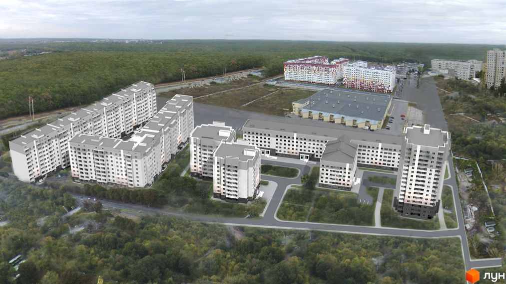 Зображення сторінки Житлового комплексу Архітекторів. На фото багатоповерхові будинки з сірими дахами та зеленою прибудинковою територією.