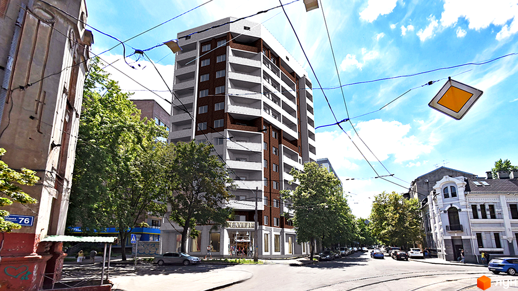 Зображення фасаду та прибудинкової території Житлового комплексу Мироносицка. Багатоповерхова будівля з балконами, зелені дерева вздовж вулиці.