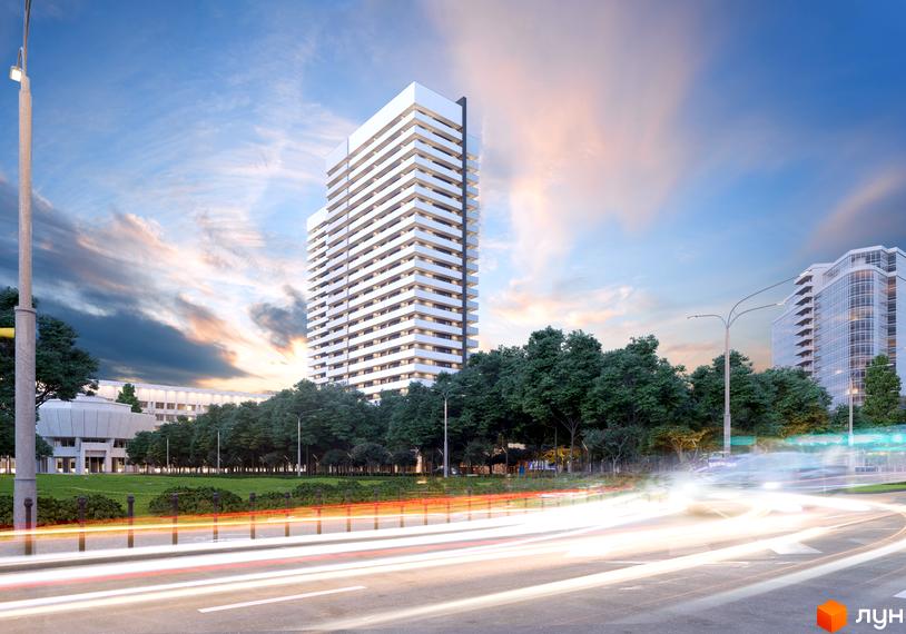 Зображення висотного будинку Житлового комплексу Standard One з великими балконами. Навколо будівлі зелені дерева та дорога.
