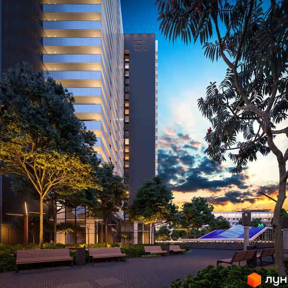 Зображення фасаду та прибудинкової території Житлового комплексу Standard One. Висотна будівля з великою кількістю балконів, ландшафтний дизайн.