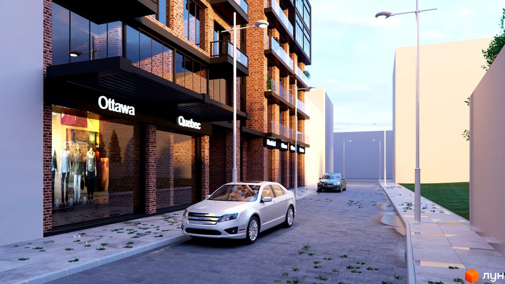 Зовнішній вигляд новобудови Perfect Loft 47 з цегляним фасадом та вікнами. Поруч розташована вулиця з автомобілями та тротуаром.