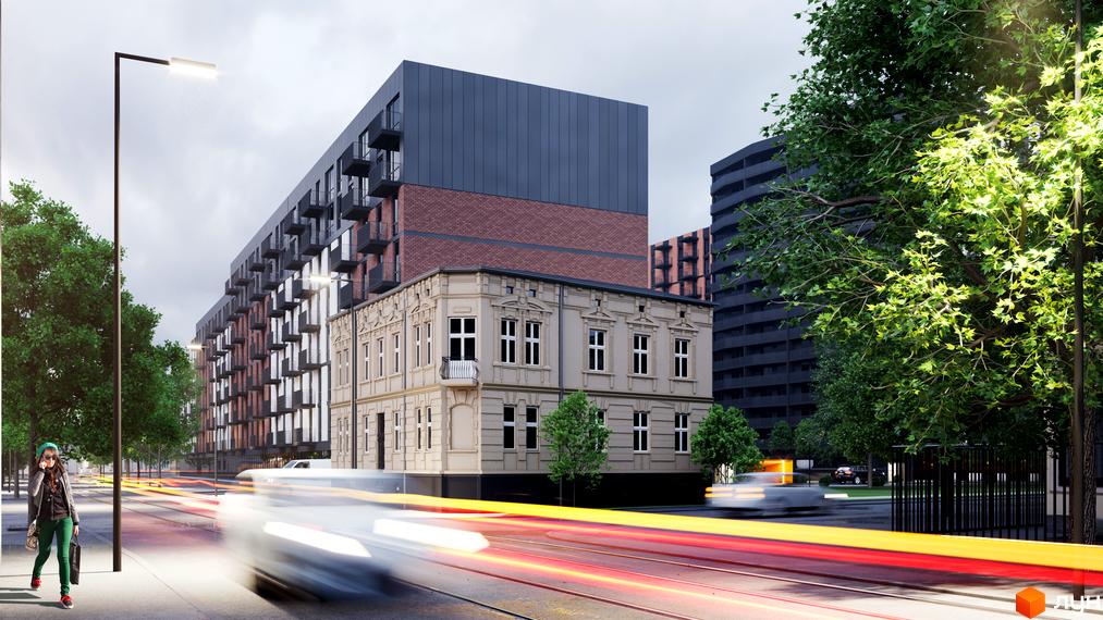 Житловий комплекс Avalon: фасади будинків, що поєднують цегляну кладку та темні панелі, з балконами. Поруч розташована стара будівля та зелені насадження.