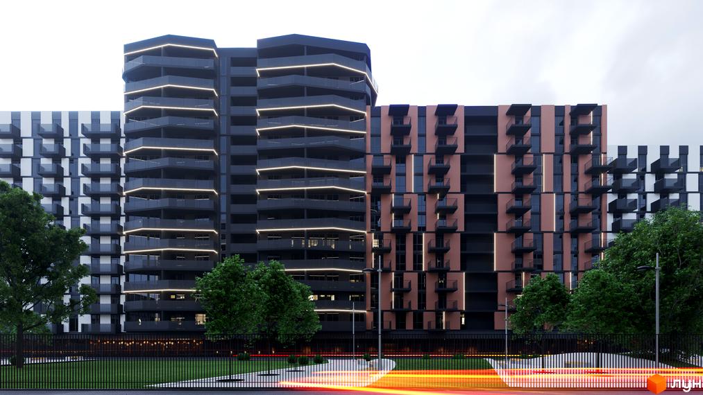 Зовнішній вигляд житлового комплексу Avalon з темними фасадами та балконами з підсвіткою. На передньому плані зелена зона та паркан.