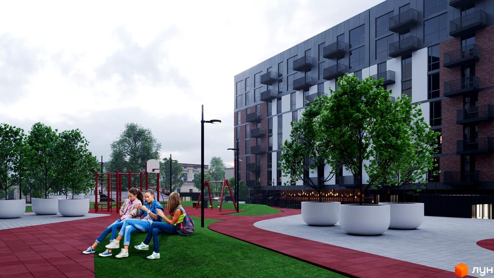 Житловий комплекс Avalon з цегляним фасадом та великими вікнами. На прибудинковій території розташовані дерева у великих білих горщиках та дитячий майданчик.