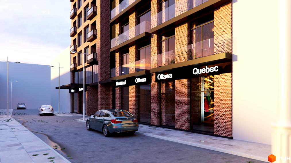 Житловий комплекс Perfect Loft 47 з фасадом з червоної цегли та вікнами від підлоги до стелі. Поруч розташована вулиця з автомобілями та ліхтарями.