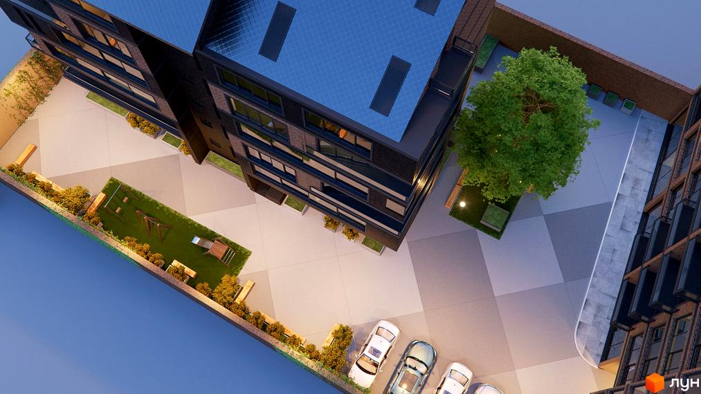 Житловий комплекс Perfect Loft 47 з цегляним фасадом та великими вікнами. На прибудинковій території облаштовано дитячий майданчик, зелені зони та паркінг.