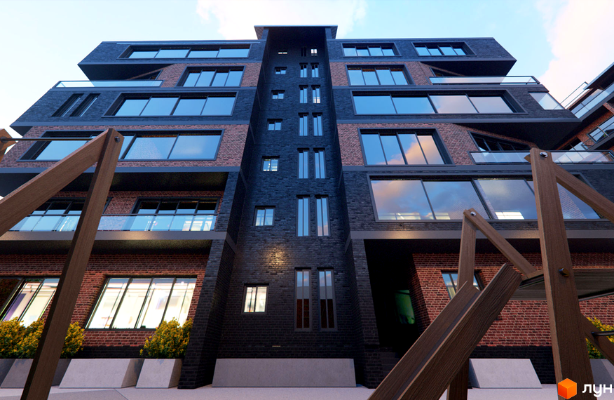 Зовнішній вигляд новобудови Perfect Loft 47 з цегляним фасадом та великими вікнами. На передньому плані дерев'яні конструкції та зелені насадження.