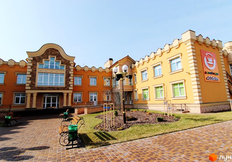 Фасад житлового комплексу Софія Сіті з жовтою обробкою та великими вікнами. Прибудинкова територія з зеленими насадженнями та лавками.