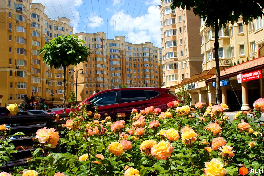 Житловий комплекс Софія Сіті з жовтими фасадами та численними вікнами. На передньому плані квітучі троянди та червоний автомобіль.