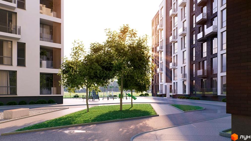 Зовнішній вигляд житлового комплексу Avalon Comfort з цегляним фасадом та балконами. Прибудинкова територія з деревами та дитячим майданчиком.