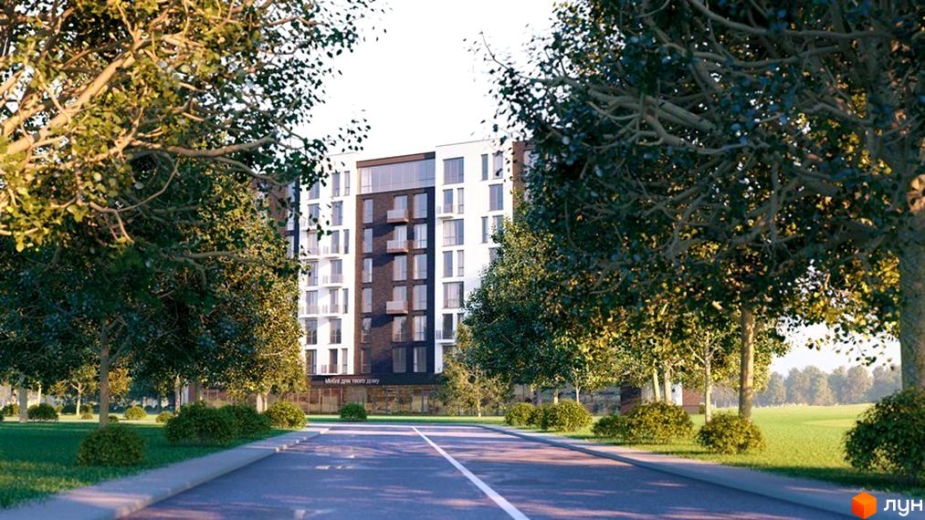 Житловий комплекс Avalon Comfort - сучасна новобудова з біло-коричневим фасадом та великими вікнами, оточена зеленими деревами та доглянутою територією.