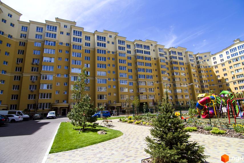 Житловий комплекс Софія Клубний: жовті багатоповерхові будинки з численними вікнами та дитячий майданчик поруч. Зелена галявина та доріжки з плитки навколо.