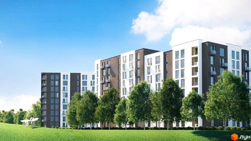 Житловий комплекс Avalon Comfort – сучасна архітектура з біло-коричневими фасадами та балконами. Навколо комплексу зелена галявина та дерева.