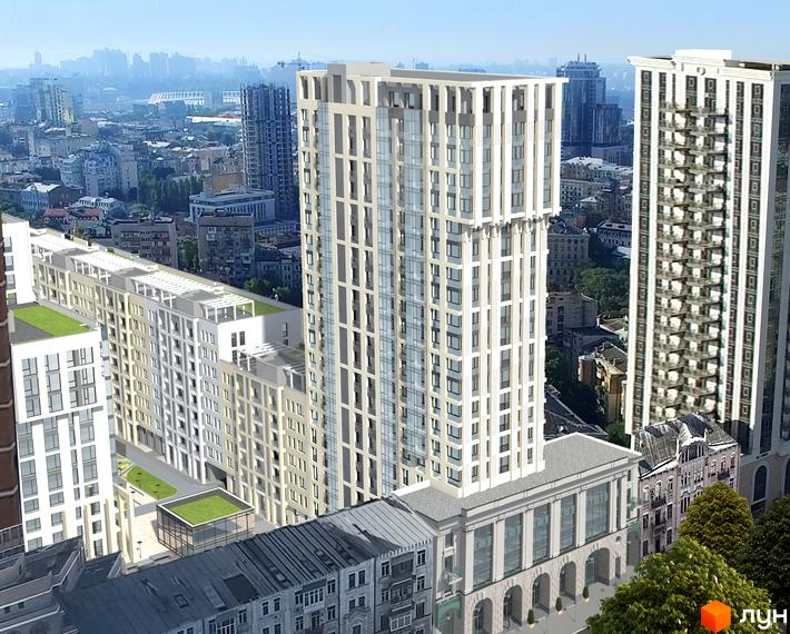 Житловий комплекс Ярославів Град: висотні будівлі з фасадами в світлих тонах та балконами, прибудинкова територія з зеленими зонами та низькоповерховою забудовою.