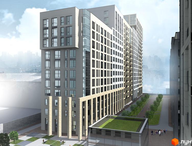 Житловий комплекс Ярославів Град - це сучасна новобудова з панорамними вікнами та впорядкованою прибудинковою територією. На зображенні видно фасад будівлі та зелену зону з деревами.