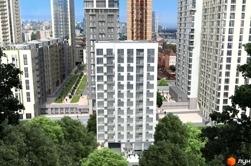 Візуалізація житлового комплексу Ярославів Град з білими фасадами та великою кількістю вікон. Навколо комплексу зелені дерева та доглянута прибудинкова територія з пішохідними доріжками.