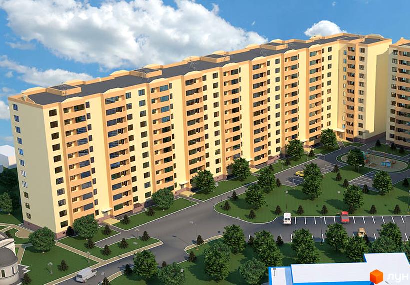 Житловий комплекс Східна Перлина – багатоповерховий будинок з численними вікнами та балконами, оточений зеленими насадженнями та парковкою.