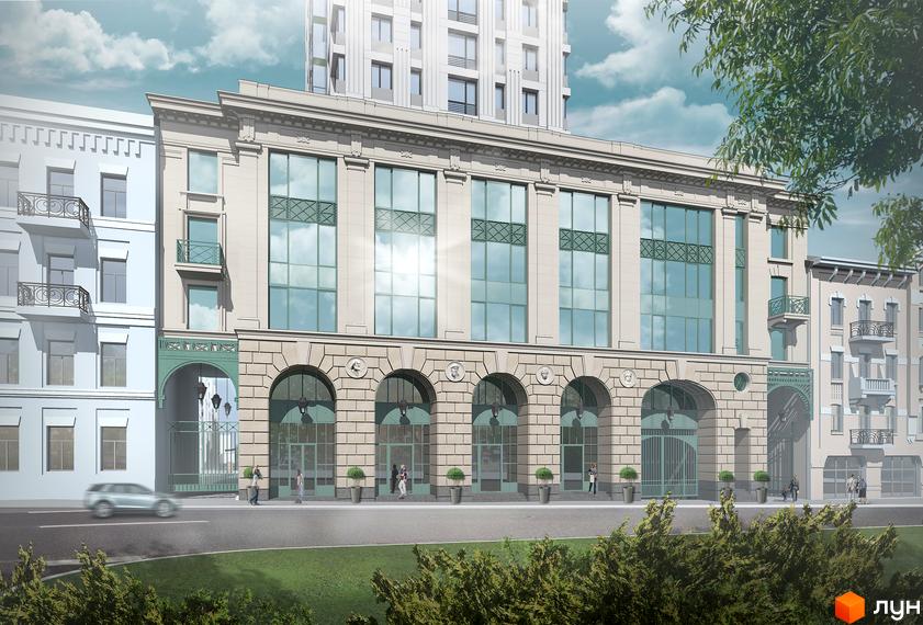 Житловий комплекс Ярославів Град. Фасад будівлі виконаний у класичному стилі з великими вікнами та арковими проходами. Навколо комплексу зелена зона та дорога з автомобілем.