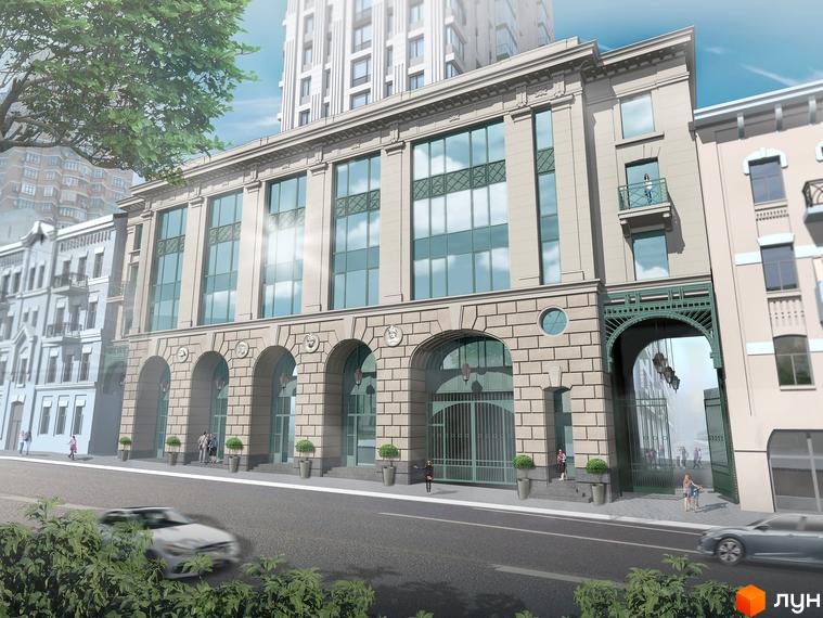 Фасад житлового комплексу Ярославів Град з арками та великими вікнами. Навколо будинку розташована прибудинкова територія з деревами та дорогою.