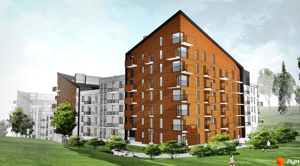 Житловий комплекс Малоголосківські пагорби. Зовнішній вигляд цегляних та сірих будинків з балконами. Навколо зелені дерева та газон, люди гуляють.