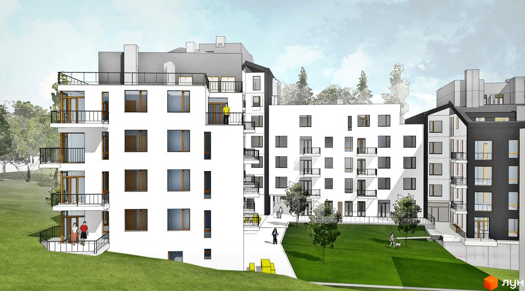 Візуалізація житлового комплексу Малоголосківські пагорби з білими фасадами, балконами та зеленим подвір'ям. Будинок має багато вікон та тераси.