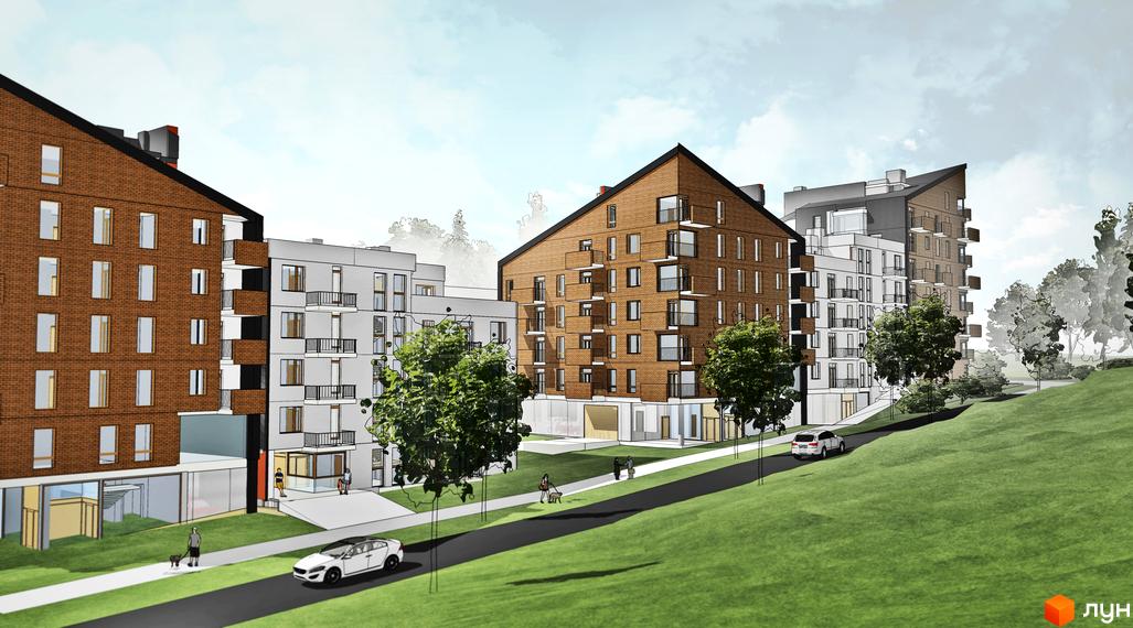 Житловий комплекс Малоголосківські пагорби. Сучасна архітектура з цегляним та білим фасадом, балконами, на тлі зеленого схилу та дерев.