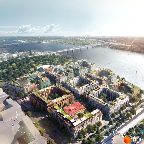 Житловий район Rybalsky: сучасний житловий комплекс з зеленими дахами та спортивними майданчиками біля річки. Навколо багато дерев та міська інфраструктура.