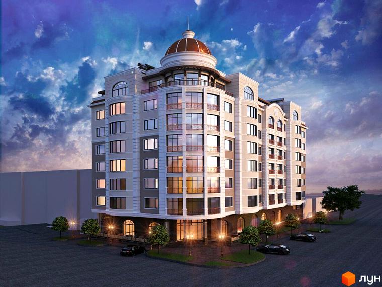 Зовнішній вигляд новобудови ЖК Grand DeLuxe з куполом та балконами. Прибудинкова територія з деревами та автомобілями.