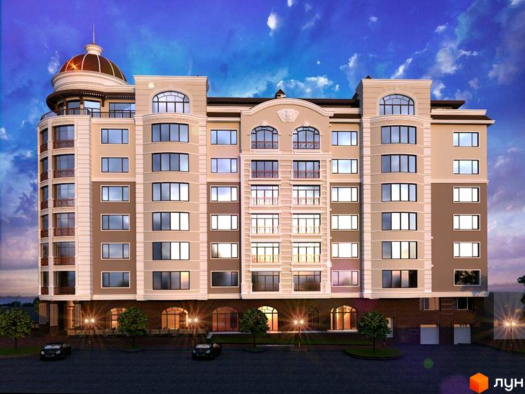 Новобудова ЖК Grand DeLuxe з куполом та арочними вікнами. Фасад оздоблений світлими та коричневими панелями, біля будинку розташовані дерева та автомобілі.