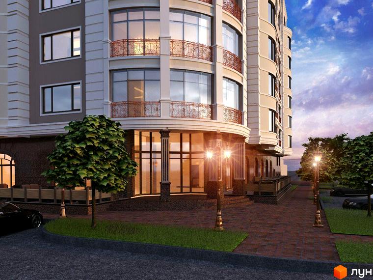 Житловий комплекс Grand DeLuxe: фасад будівлі з витонченими балконами та прибудинкова територія з деревами та ліхтарями.