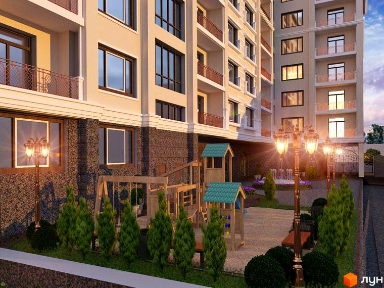 Житловий комплекс Grand DeLuxe: будівля з численними балконами та вікнами. На території облаштовано дитячий майданчик та освітлення.