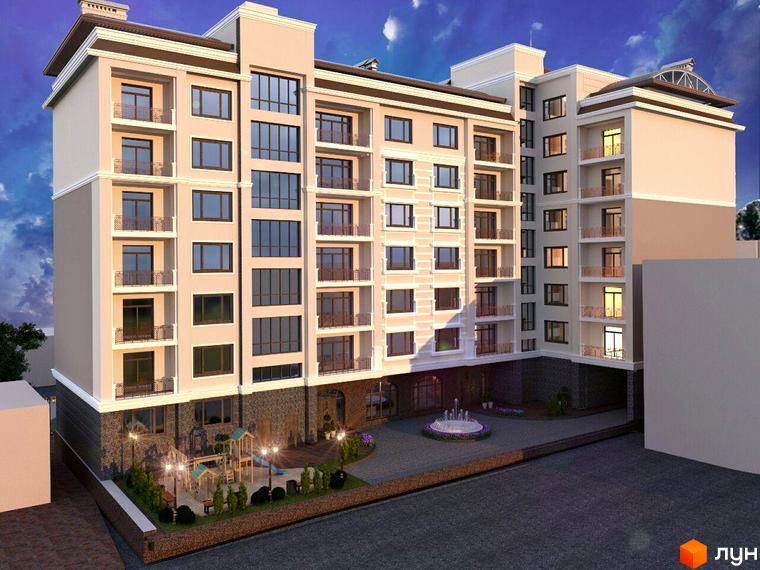 Житловий комплекс Grand DeLuxe – фасади будівель з балконами та великими вікнами. Територія перед будинком з фонтаном та дитячим майданчиком.