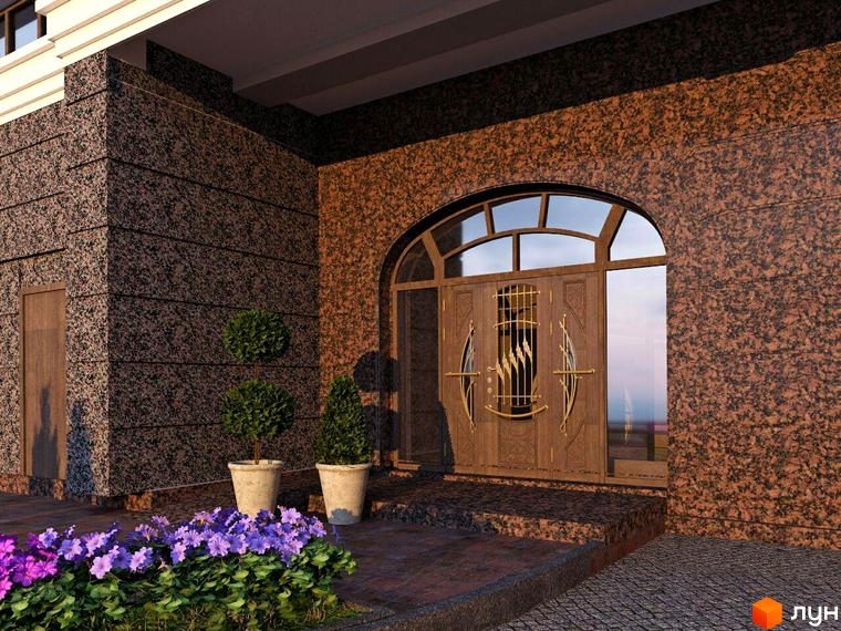 Фасад житлового комплексу Grand DeLuxe з елегантною арковою брамою та вишуканими дверима. Прибудинкова територія прикрашена квітами та зеленими кущами.