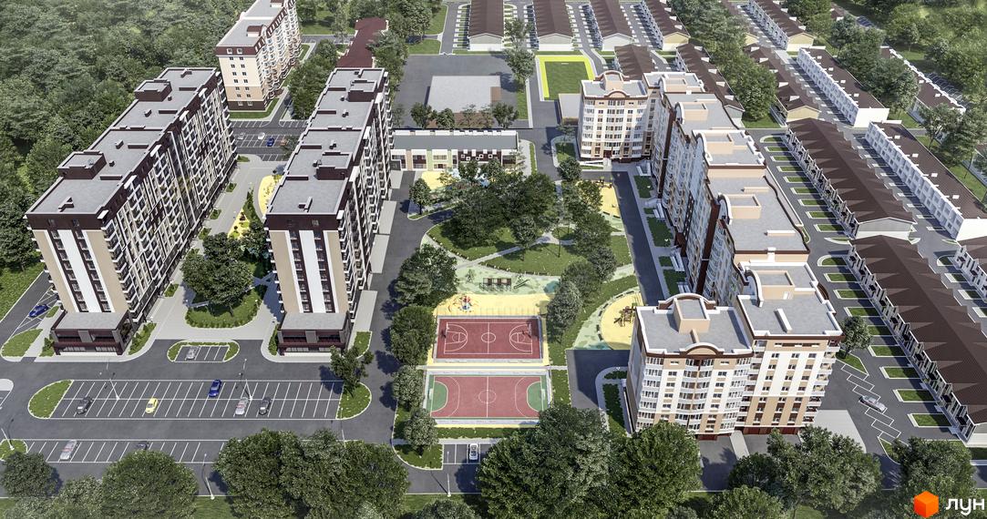 Зображення комплексу Ранкове Family з висоти пташиного польоту. На фото багатоповерхівки, таунхауси, дитячі майданчики, спортивні зони та парковка.
