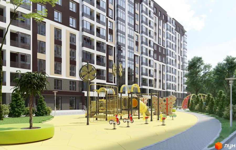 Житловий комплекс Ранкове Family: багатоповерховий будинок з коричневими, білими та бежевими фасадами. На передньому плані дитячий майданчик з жовтим покриттям.