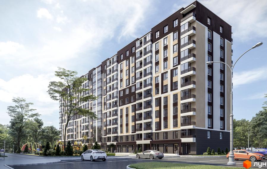 Житловий комплекс Ранкове Family: багатоповерховий будинок з коричневим, бежевим та білим фасадом, вікнами та балконами. Поруч дорога, автомобілі, дерева та дитячий майданчик.