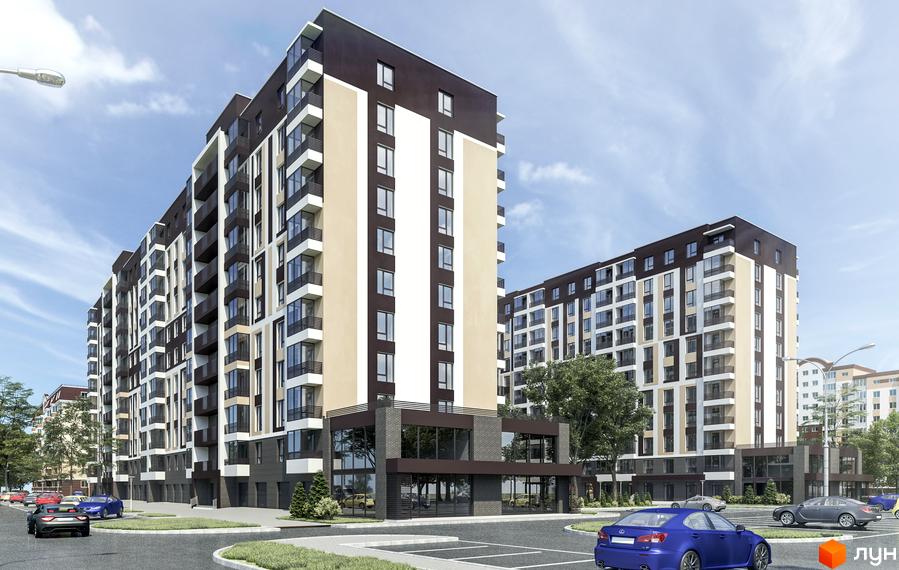 Житловий комплекс Ранкове Family: багатоповерхові будинки з коричневими, бежевими та білими фасадами, прибудинкова територія з парковкою та зеленню.