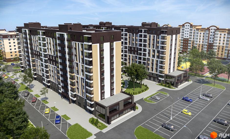 Житловий комплекс Ранкове Family з багатоповерховими будинками коричневого, бежевого та білого кольорів. Навколо розташовані парковки, зелені зони та спортивні майданчики.