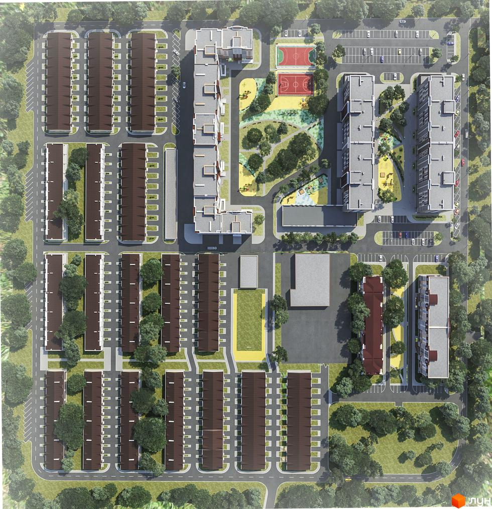 Аерофото Житлового комплексу Ранкове Family з багатоквартирними будинками та таунхаусами. На території є дитячі майданчики, спортивні поля та парковки.