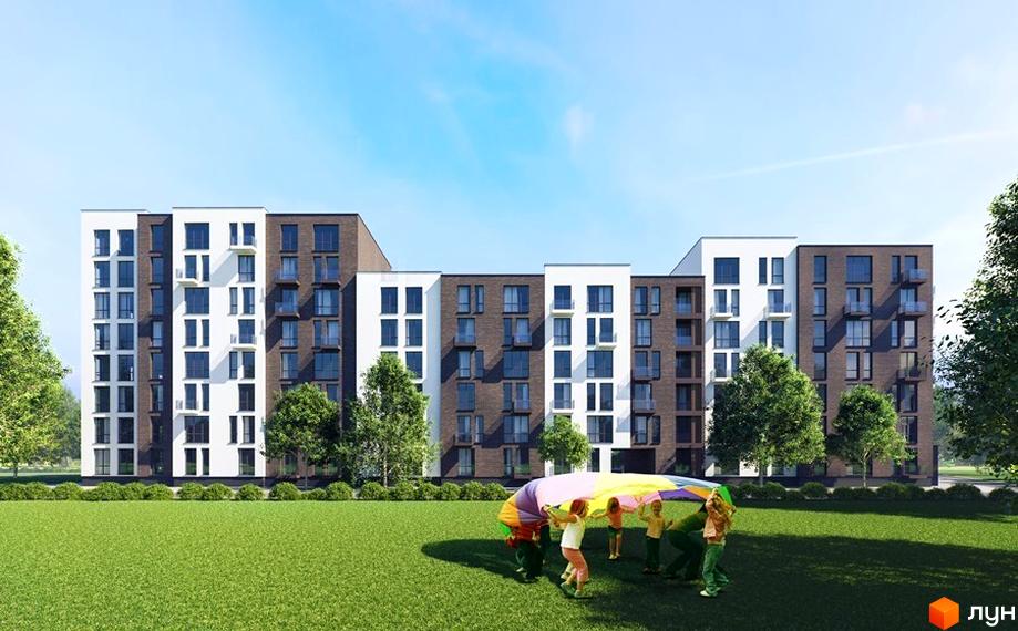 Новобудова ЖК Avalon Comfort з фасадами білої та коричневої цегли. На прибудинковій території діти граються з великим парашутом на зеленій галявині.