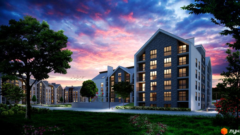 Житловий комплекс Гостомель Residence з багатоповерховими будинками темно-сірого кольору з вікнами та балконами. Навколо зелені газони, дерева, квіти та освітлені доріжки.