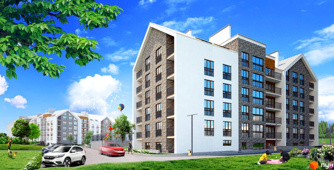 Житловий комплекс Гостомель Residence: багатоповерхові будинки з білими та цегляними фасадами, балконами, оточені зеленими газонами та деревами.