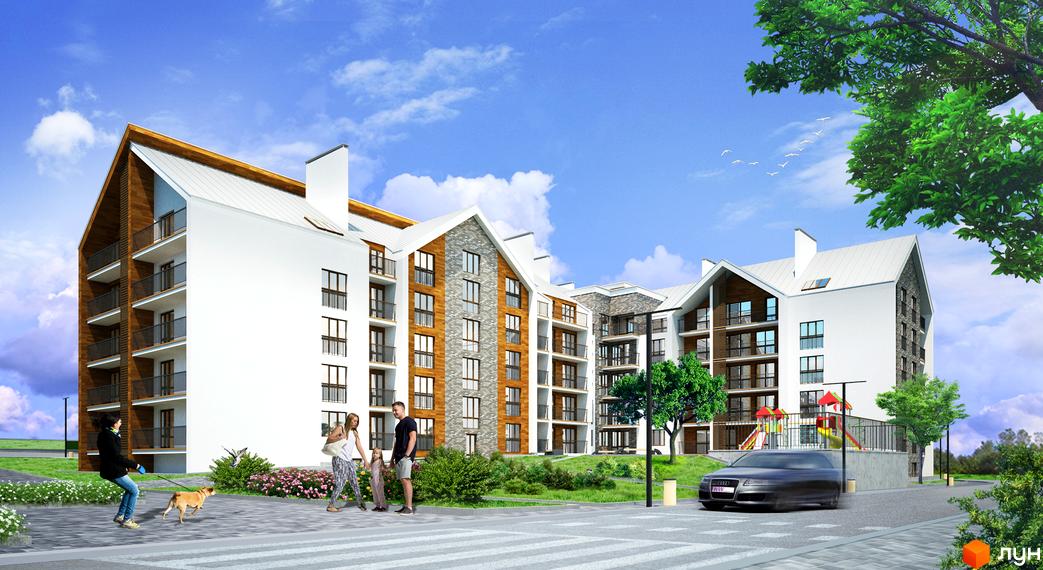 Житловий комплекс Гостомель Residence з білими фасадами, дерев'яними та кам'яними вставками, балконами. На території є зелені насадження та дитячий майданчик.