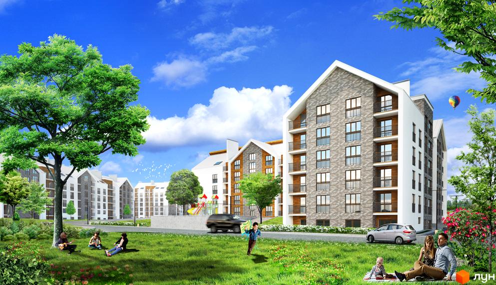 Житловий комплекс Гостомель Residence з багатоповерховими будинками та балконами. Просторий двір з газонами, деревами та зонами відпочинку.