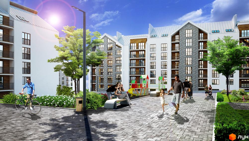 Зображення Житлового комплексу Гостомель Residence: багатоповерхові будинки з сірими дахами та балконами. На території дитячий майданчик, лавки, дерева та тротуарна плитка.