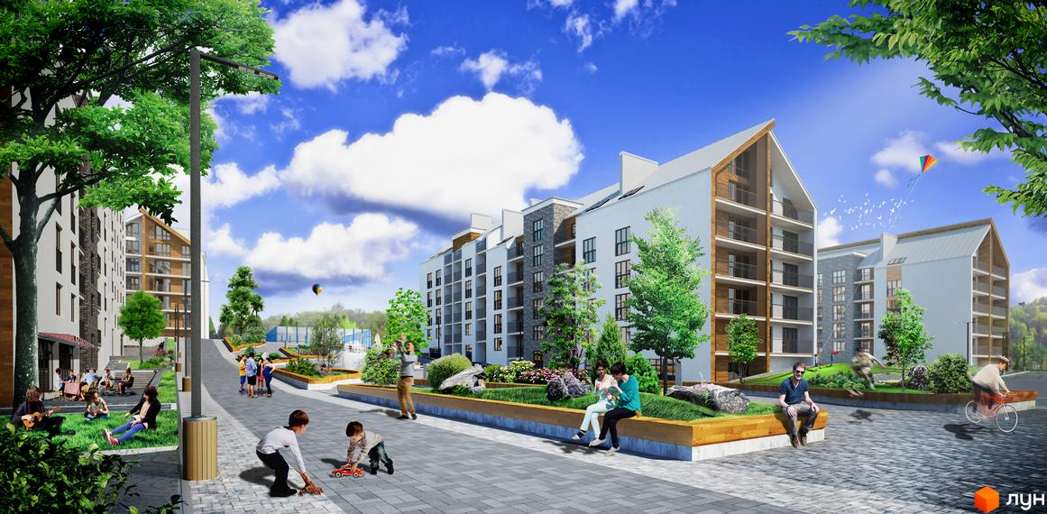 Зображення Житлового комплексу Гостомель Residence. На фото будівлі з балконами та прибудинкова територія з людьми, деревами та дитячим майданчиком.